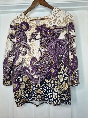 Chico's Purple, Cream & Black Mixed Paisley Animal Print Blouse